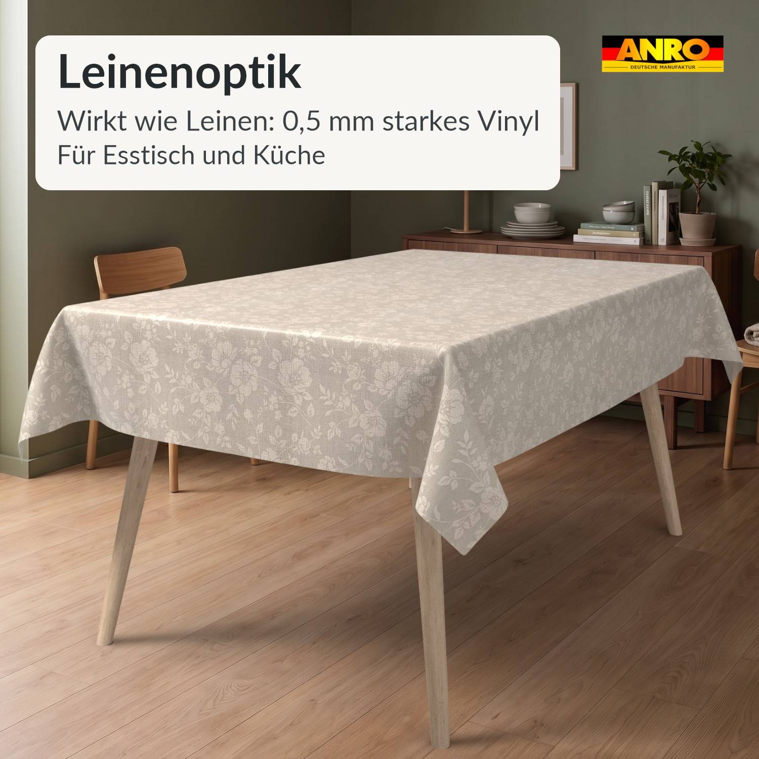 Esstisch mit einer Tischdecke aus Vinyl mit Leinenoptik in einem modernen Raum; der Text sagt „Leinenoptik" und „Wirkt wie Leinen: 0,5 mm starkes Vinyl für Esstisch und Küche"".