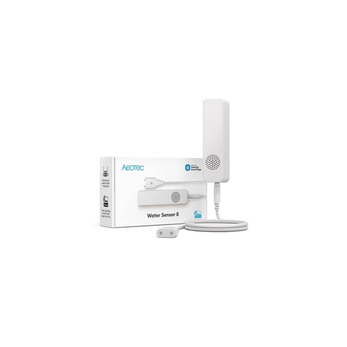 Aeotec Wassersensor 8 intelligentes Leckleck-Erkennungsset mit Sensor, Hub und Verpackung auf weißem Hintergrund.