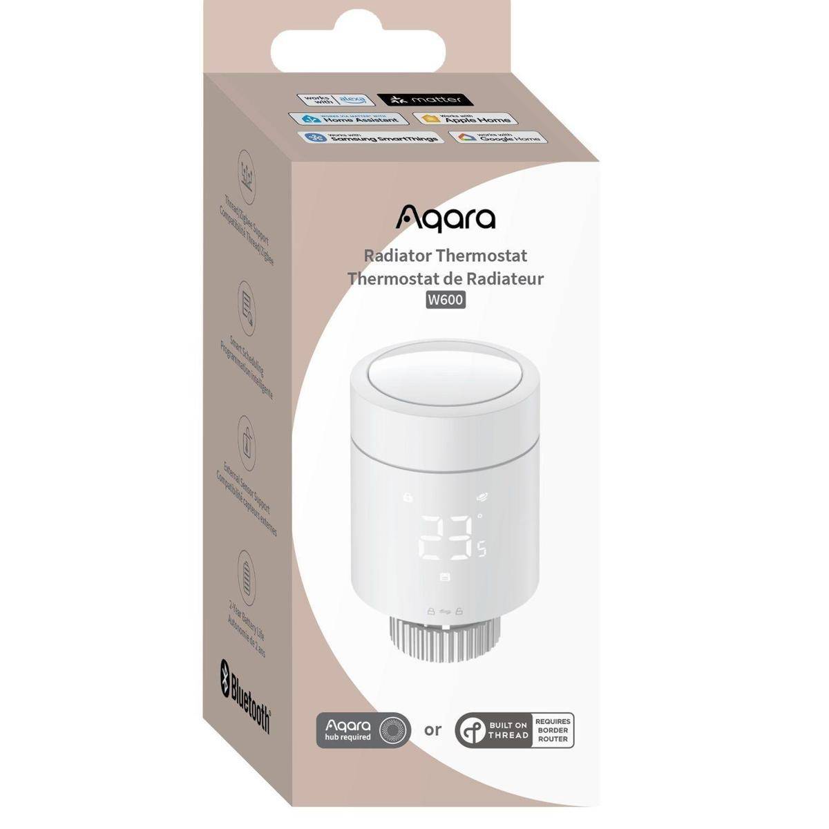 Schachtel eines Aqara Heizkörperthermostats W600, das einen weißen intelligenten Heizkörperventil und Kompatibilitätsabzeichen für Aqara Hub und Thread/Matter zeigt.