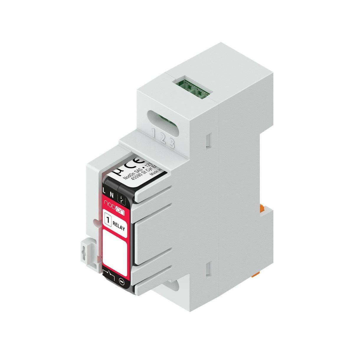 Weißes auf DIN-Hutschiene montiertes elektrisches Relaismodul mit Frontbeschriftung und Anschlussöffnungen, freigestellt auf weißem Hintergrund.