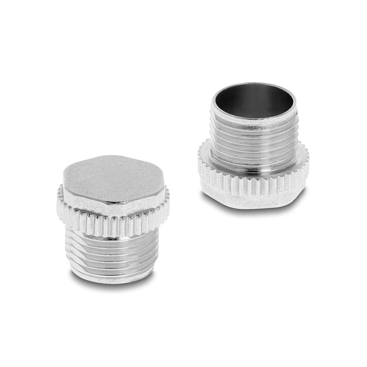 Zwei silberne Metallgewinde-Rohrstopfen/-adapter auf weißem Hintergrund, einer mit Kappe und einer offen.