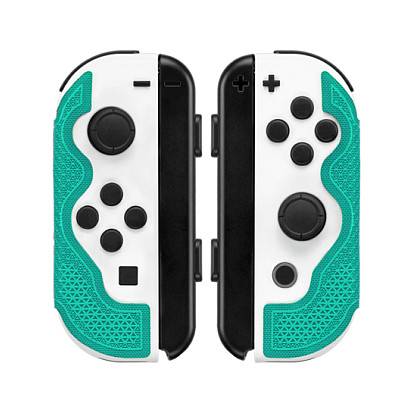 Zwei weiße Nintendo Switch Joy-Con Controller mit türkisfarbenen strukturierten Griffen, nebeneinander auf weißem Hintergrund dargestellt.