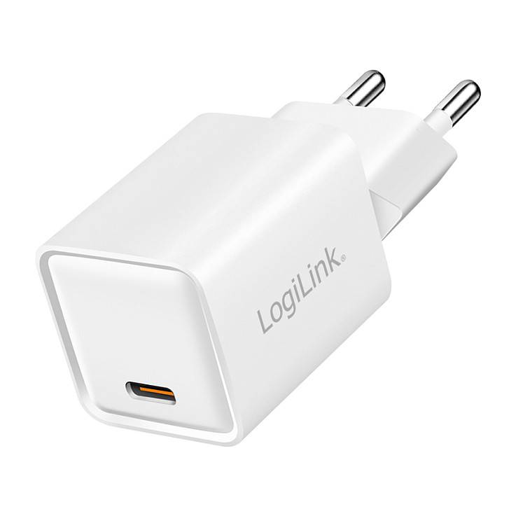 Weißes LogiLink USB-C Wandladegerät mit zwei runden europäischen Steckerstiften und einem vorderen USB-C-Anschluss.