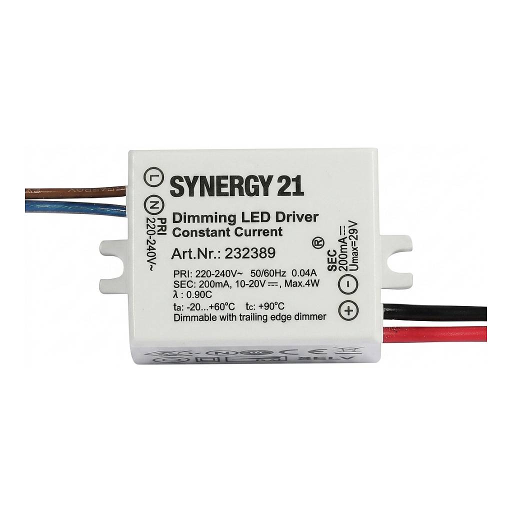 Synergy 21 Dimm-LED-Treibermodul mit angeschlossenen Ein- und Ausgangsleitungen, gekennzeichnet mit Konstantstrom 200mA und 10-20V, max. 4W.