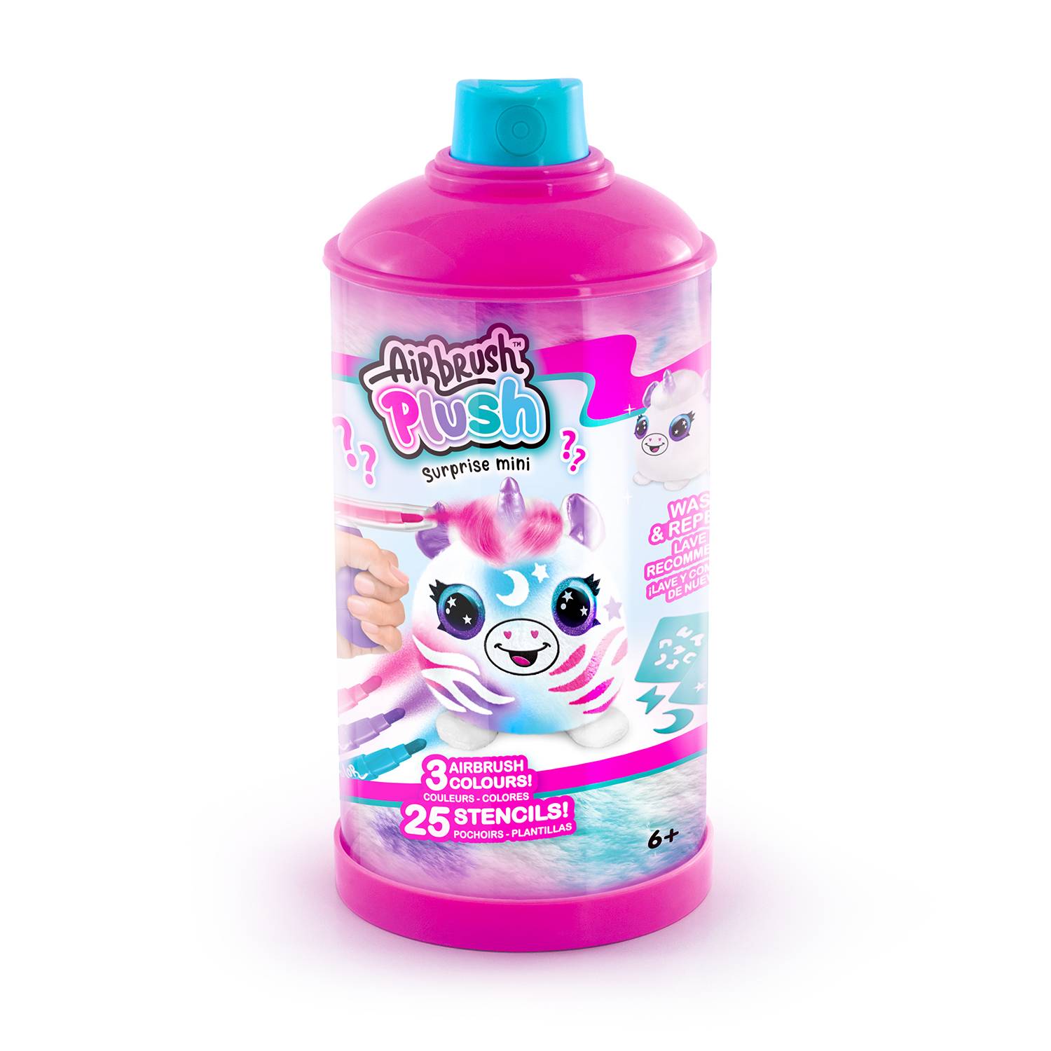 Rosa Airbrush Plüsch-Überraschungs-Miniaturspielzeugset in einem Sprühdosen-ähnlichen Behälter, gekennzeichnet für 3 Airbrush-Farben und 25 Schablonen, ab 6 Jahren.
