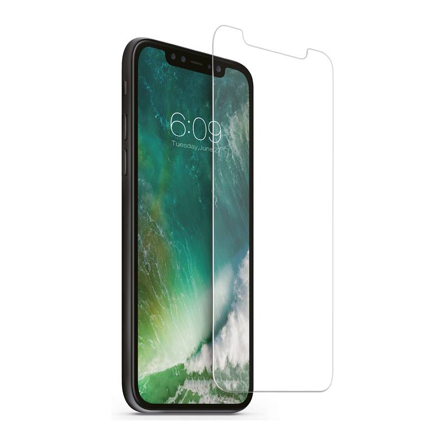 Ein Smartphone mit einer transparenten Displayschutzfolie, die über dem Display ausgerichtet ist und leicht versetzt dargestellt wird, um die Passung und Abdeckung zu zeigen.