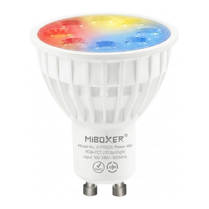 Weiße RGB+CCT-LED-Spotlightlampe mit GU10-Stiftanschlüssen und regenbogenfarbiger Linse, Marke MiBOXER, 4W.