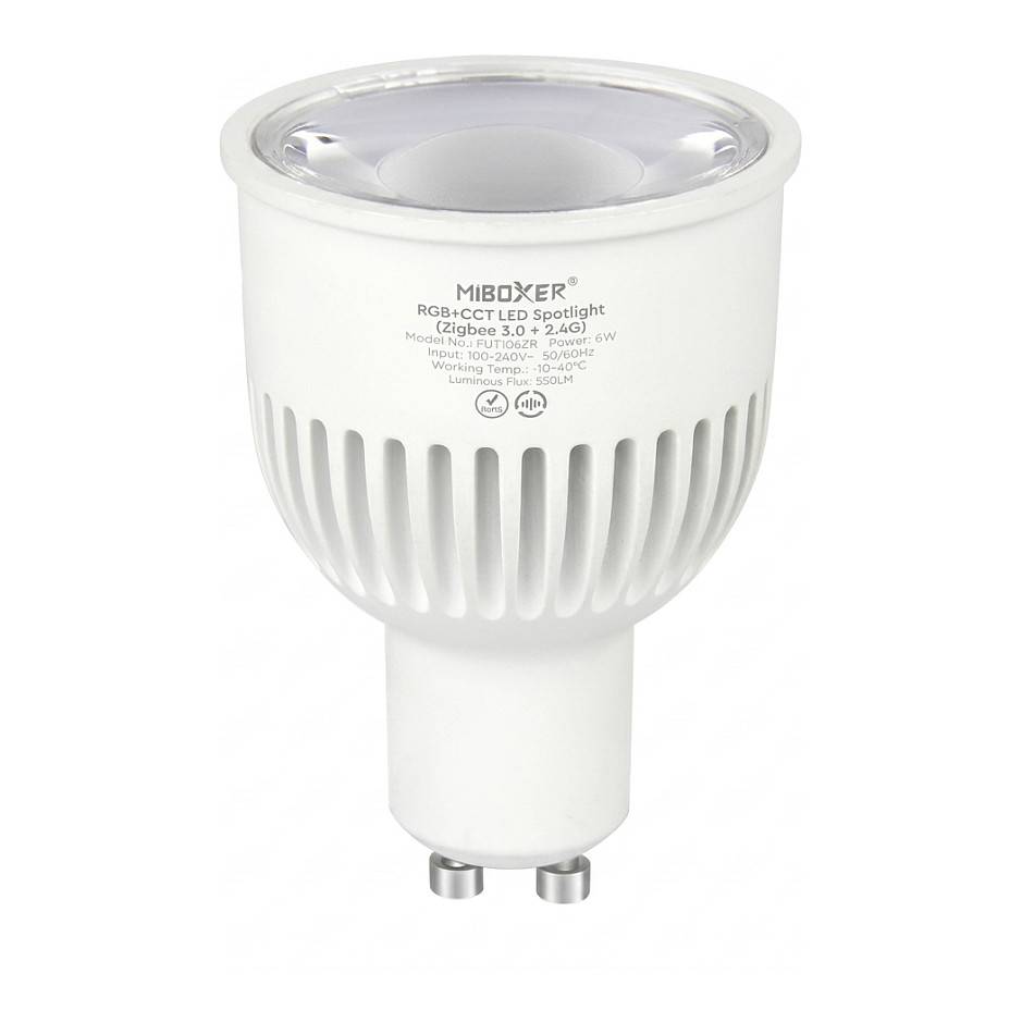 Weiße MiBoxer RGB+CCT LED-Spotleuchte mit GU10-Fassung, frontal auf weißem Hintergrund abgebildet.