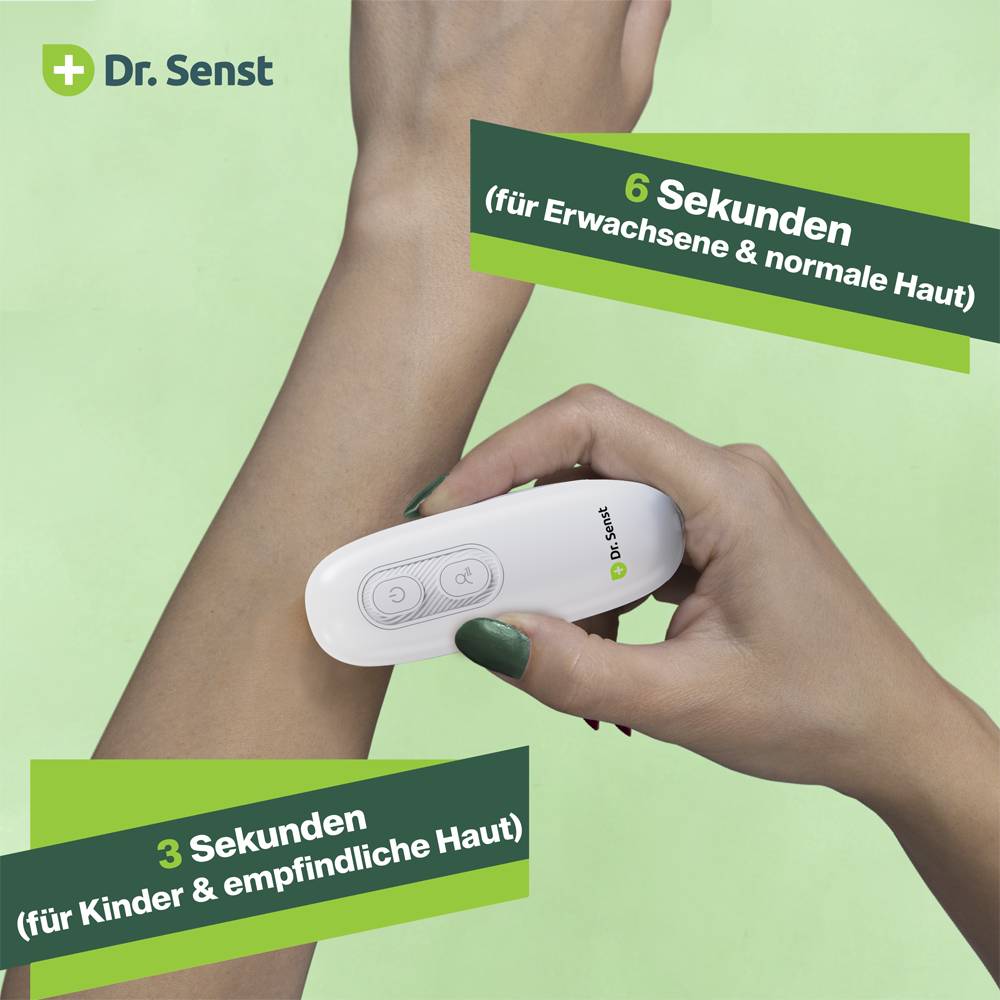 Dr. Senst tragbares Haarentfernungsgerät auf dem Unterarm verwendet, mit Text, das 6 Sekunden für Erwachsene/normale Haut und 3 Sekunden für Kinder/empfindliche Haut zeigt.