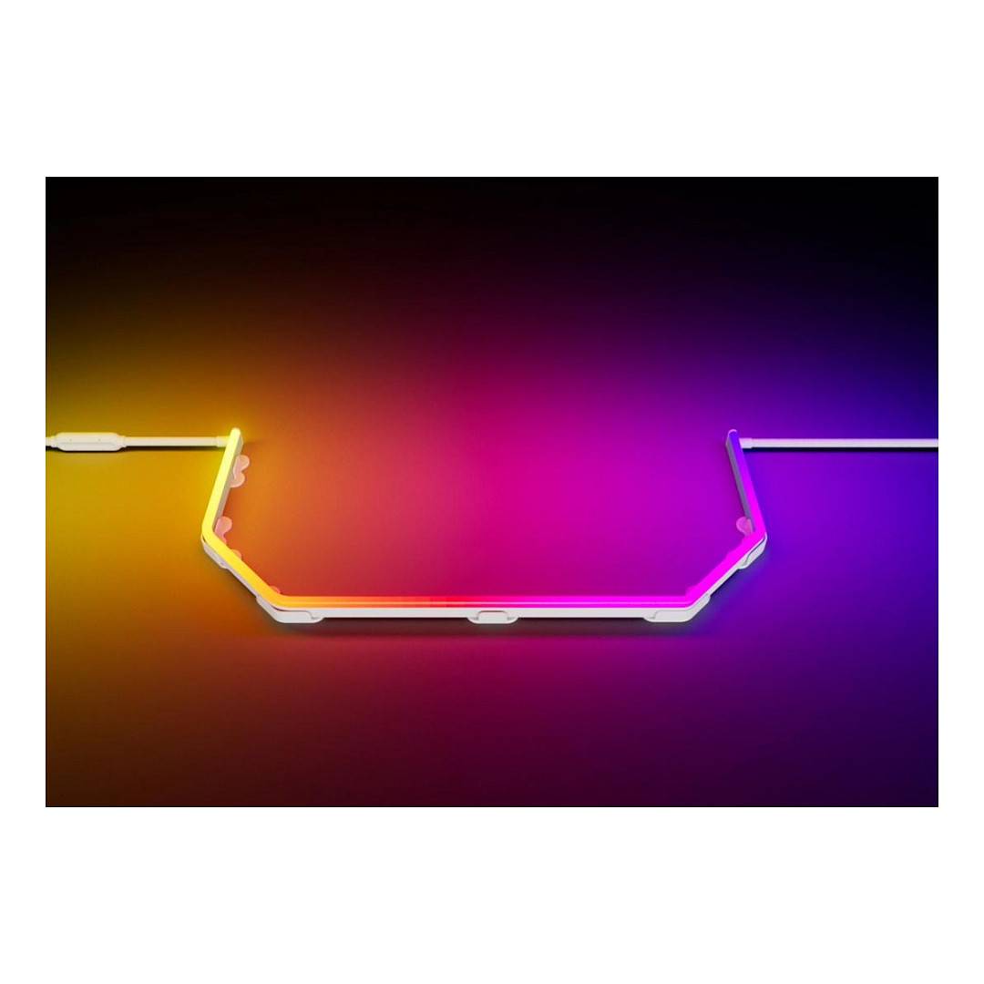 Bunte Neon-Grafik eines leuchtenden sechseckigen Rahmens, der auf beiden Seiten mit horizontalen Linien verbunden ist, vor einem dunklen Farbverlaufshintergrund.