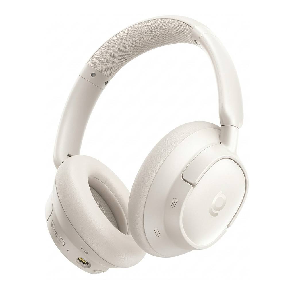 Weiße Over-Ear-Wireless-Kopfhörer mit gepolstertem Kopfbügel und Ohrmuscheln, auf einfachem weißem Hintergrund dargestellt.