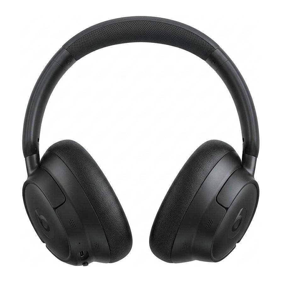 Schwarze kabellose Over-Ear-Kopfhörer mit gepolstertem Kopfbügel und Ohrmuscheln auf weißem Hintergrund.
