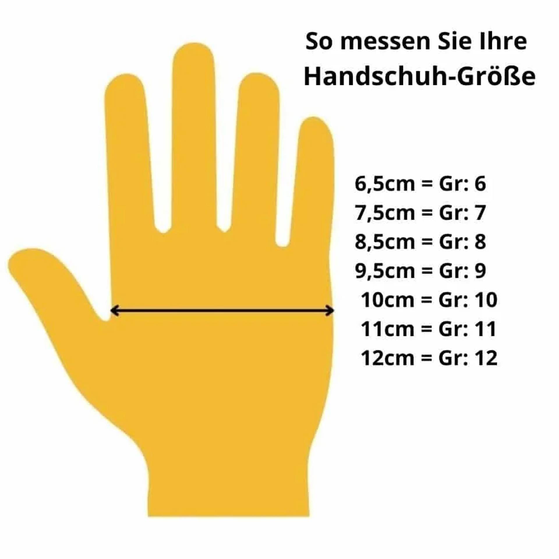 Deutscher Handschuh-Größenratgeber mit einer Handsilhouette, die über die Handfläche gemessen wird; 6,5-12 cm entspricht den Größen 6-12.