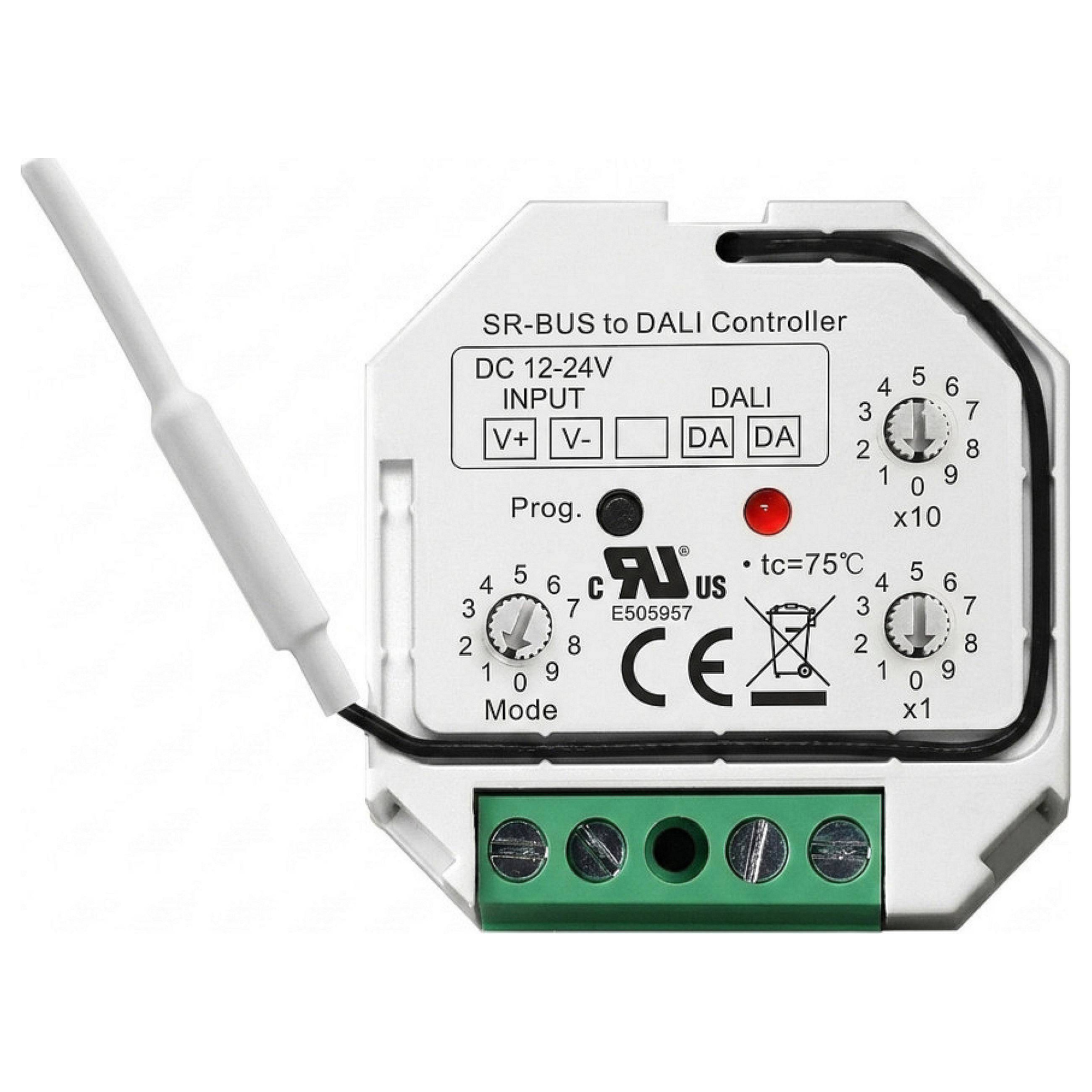 SR-BUS zu DALI-Controller-Modul mit Antenne, DC 12-24V Eingang, Anschlussblock, Status-LEDs und drei Einstellreglern.