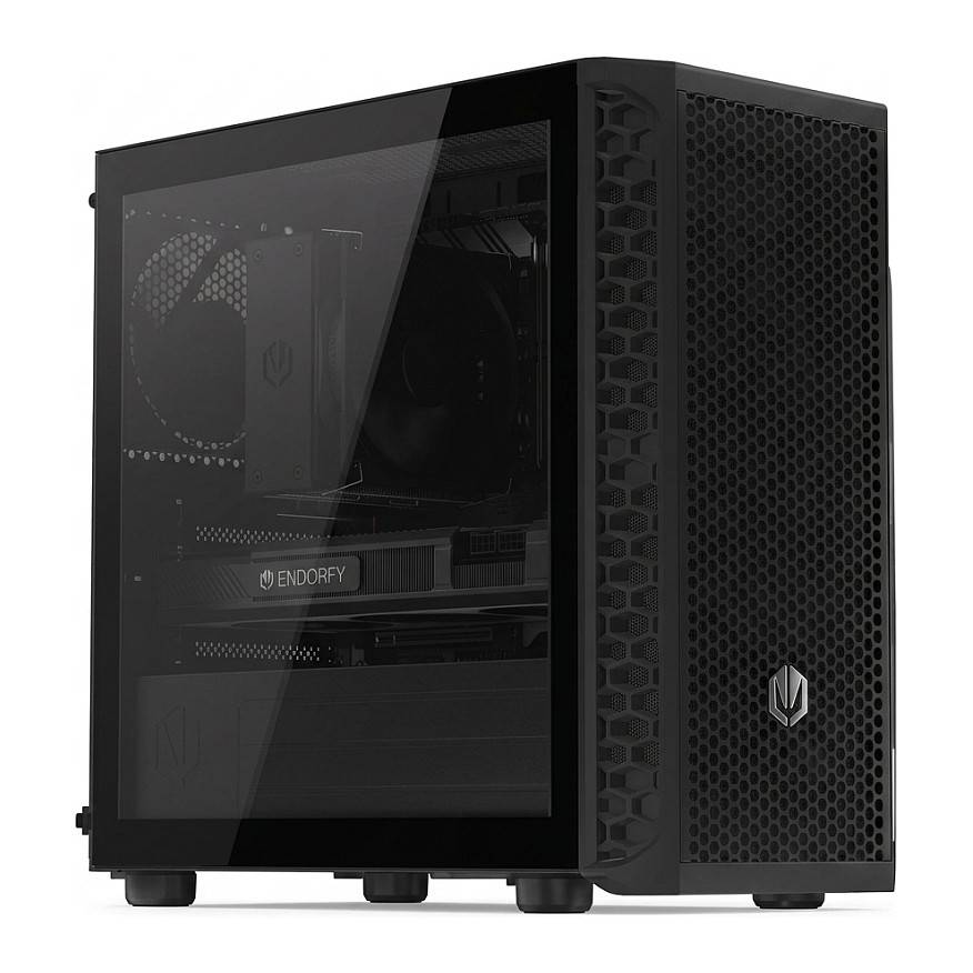 Schwarzes Endorfy Desktop-PC-Gehäuse mit gehärtetem Glasseitenpaneel und Wabengitterfrontblende.