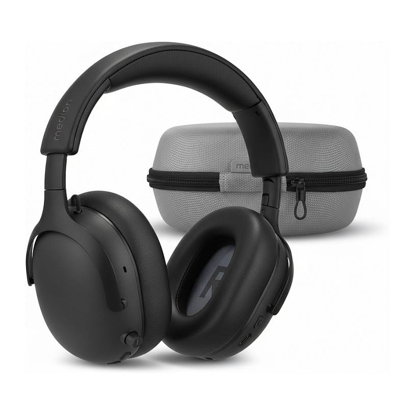 Schwarze Over-Ear-Funkkopfhörer vor einer grauen Schutztasche mit Reißverschluss auf weißem Hintergrund.