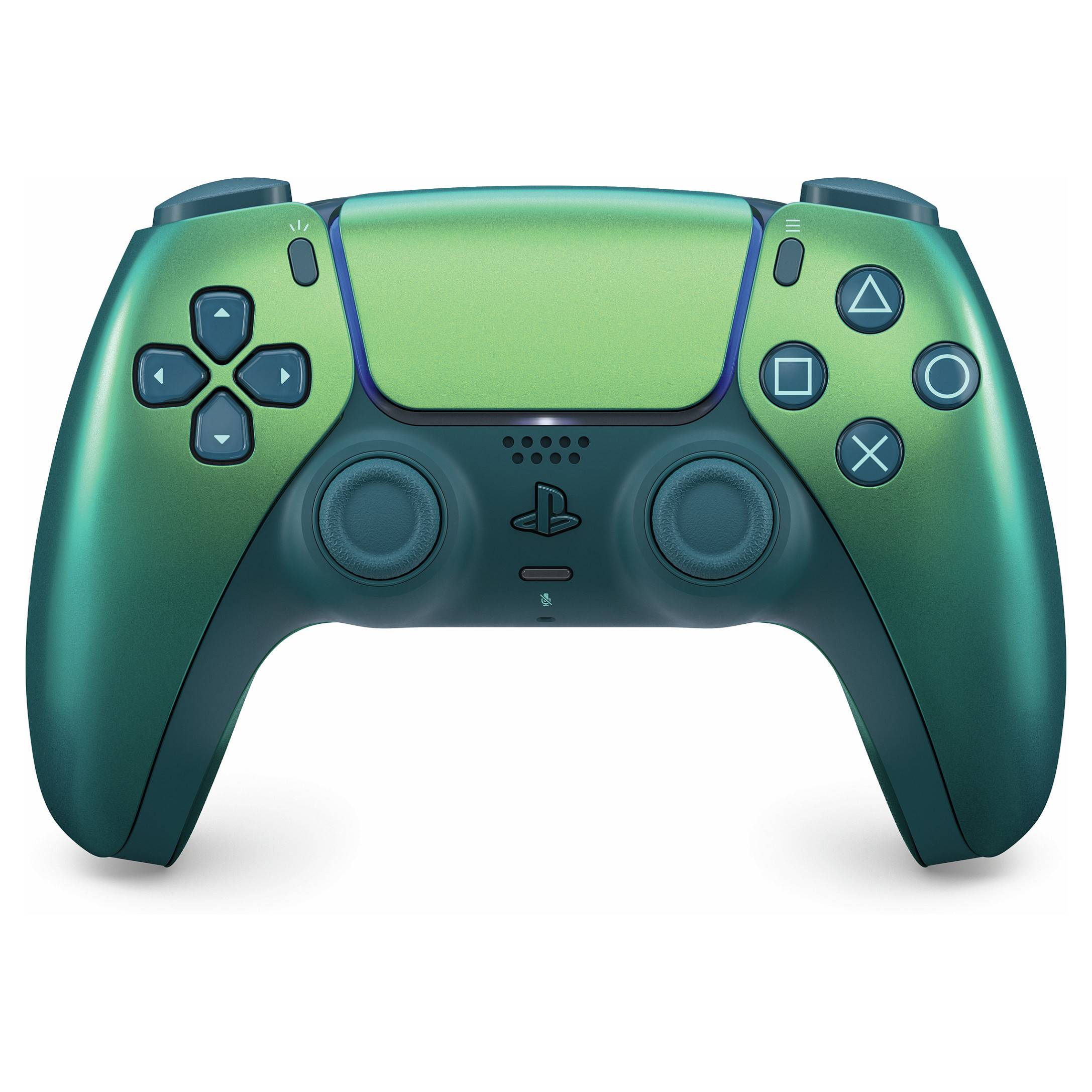 Frontansicht eines grün und dunkelblau gefärbten PlayStation DualSense kabellosen Spielcontrollers mit Analogsticks, D-Pad und Aktionstasten auf weißem Hintergrund.