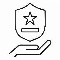 Umrisssymbol einer Hand, die einen Schild mit einem Stern und einem Balken stützt, was Schutz, Qualität oder Sicherheit andeutet.