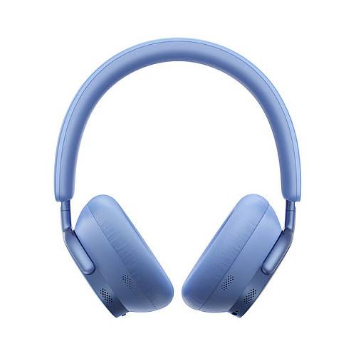 Blaue kabellose Over-Ear-Kopfhörer von vorne auf weißem Hintergrund dargestellt.