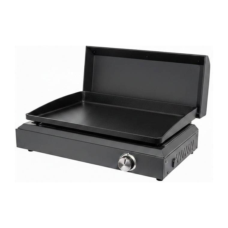 Schwarze elektrische Tischgrillfläche mit flacher Kochplatte und hinterer Spritzschutzwand.
