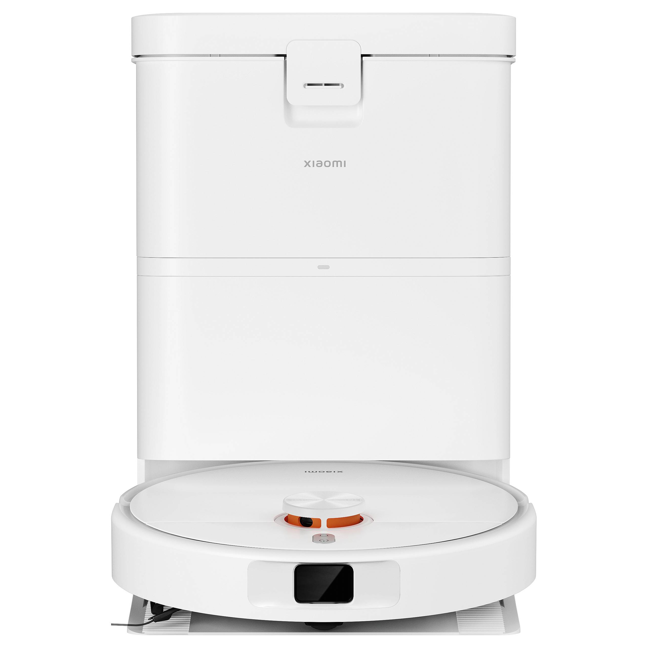 Weißer Xiaomi-Saugroboter mit Basisstation, gezeigt beim Andocken und bereit für automatisches Aufladen und Staubentleerung.