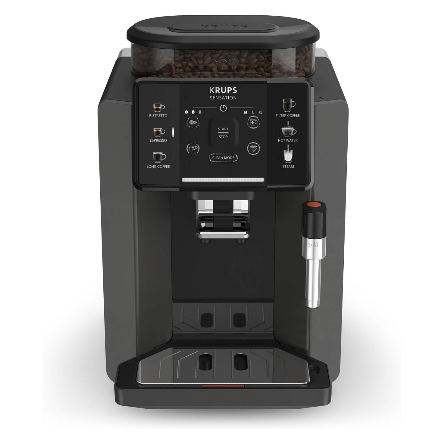 Schwarze automatische Krups-Kaffeemaschine mit Bohnenbehälter, Bedienfeld, Tassenausgabe und Milchaufschäumstab.