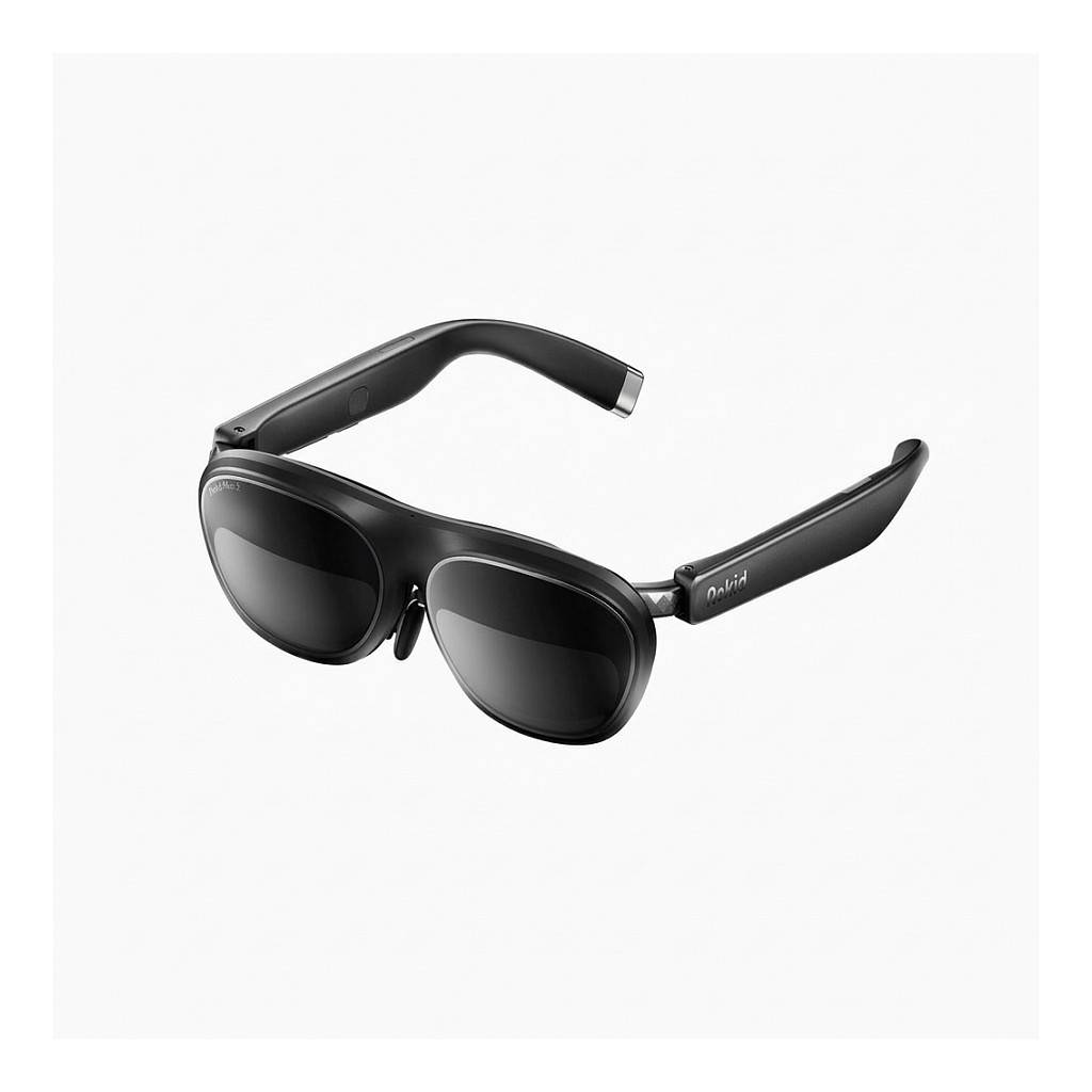 Schwarze Sonnenbrille mit integrierten kameraähnlichen Bügeln, auf weißem Hintergrund dargestellt.