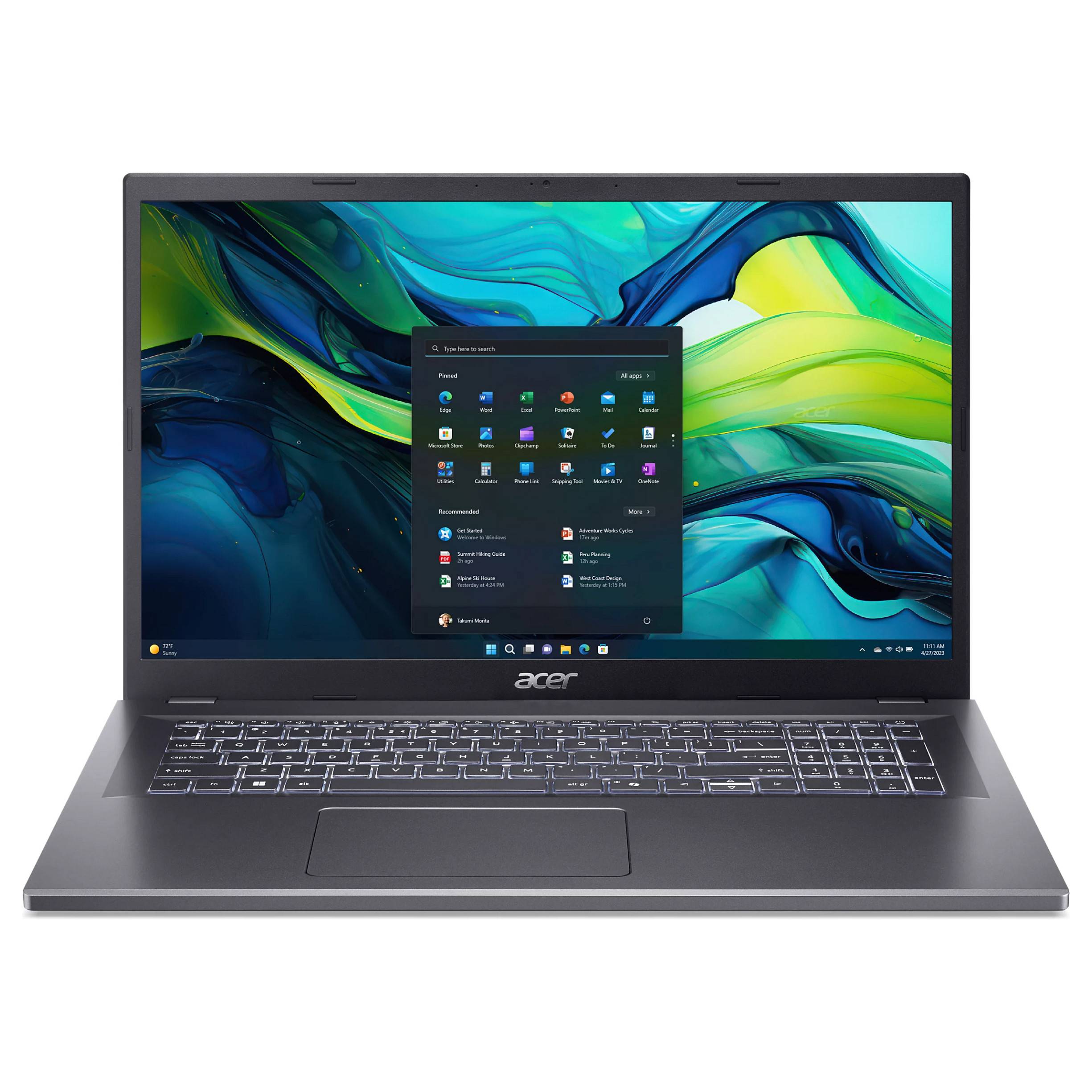 Acer-Laptop offen mit Windows 11-Startmenü auf dem Bildschirm und sichtbarer Tastatur auf weißem Hintergrund.