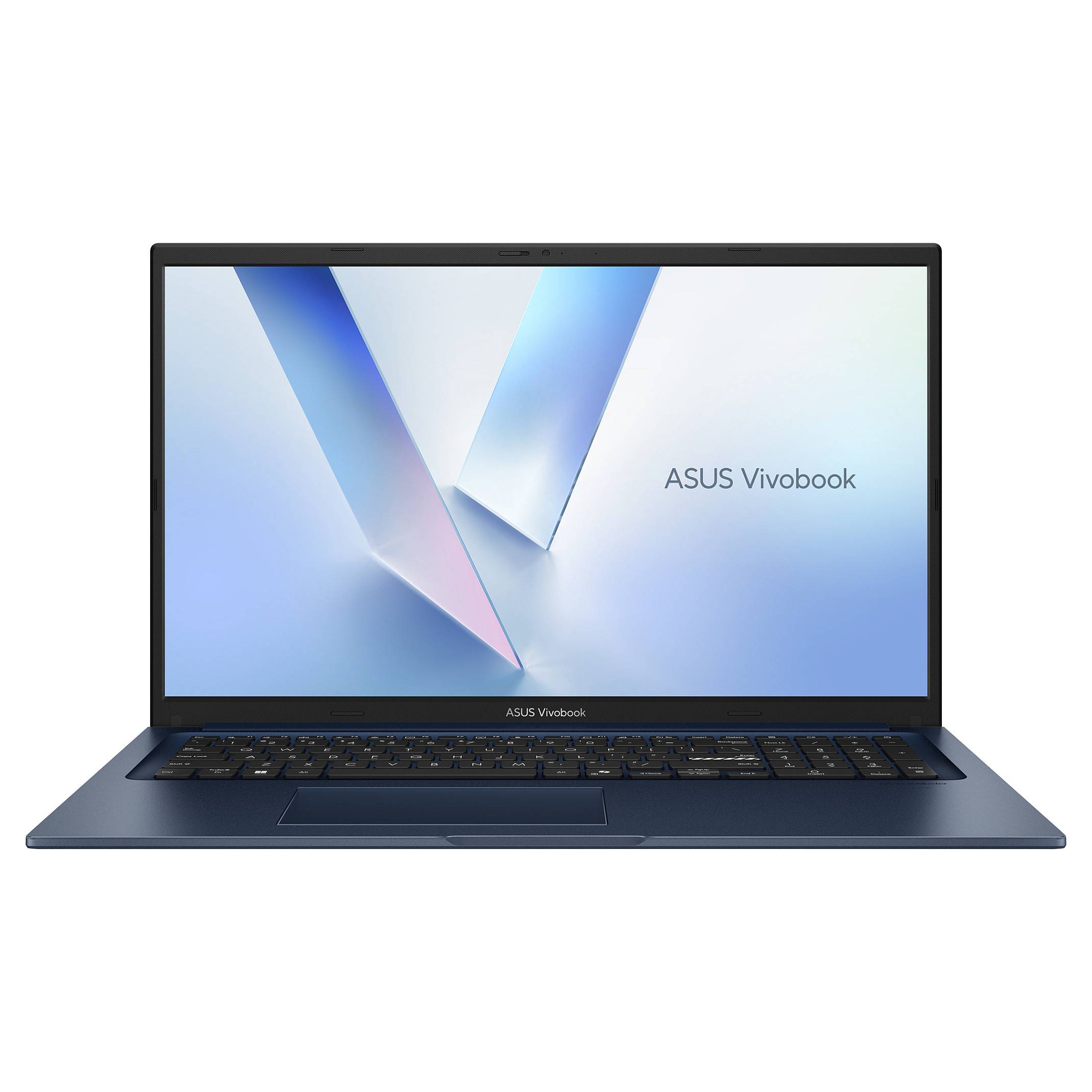 ASUS Vivobook Laptop, das geöffnet auf weißem Hintergrund angezeigt wird, mit dem Vivo Logo auf dem Bildschirm.