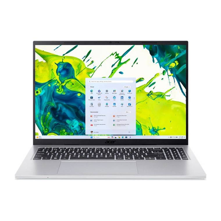 Ein silberner Acer-Laptop zeigt einen Windows-Desktop mit geöffnetem Startmenü über einer leuchtend grünen und blauen abstrakten Hintergrundfolie.