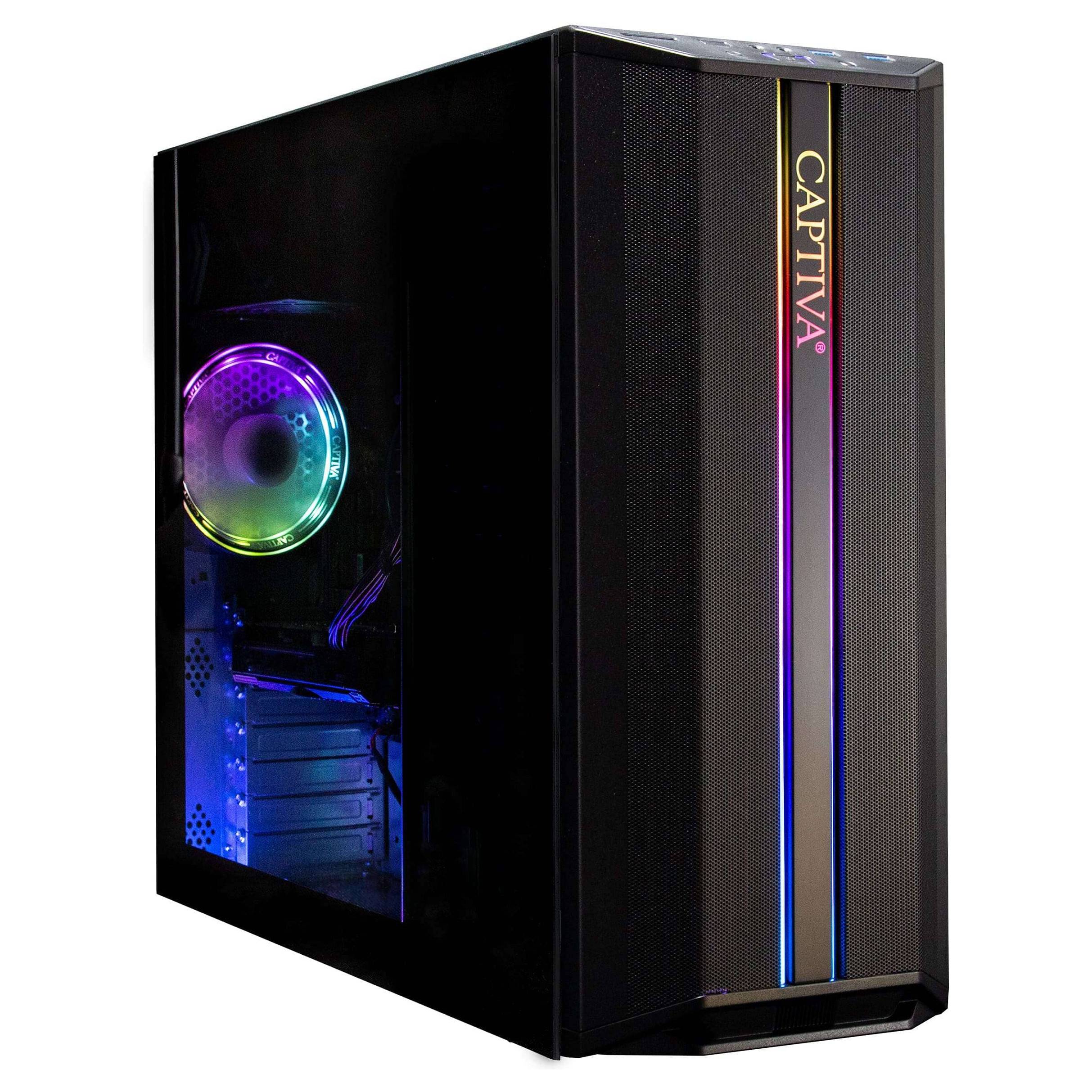 Schwarzer Desktop-Computer-Turm mit Seitenfenster und regenbogenfarbig beleuchteter Kühlventilator, Frontblende mit der Beschriftung 
