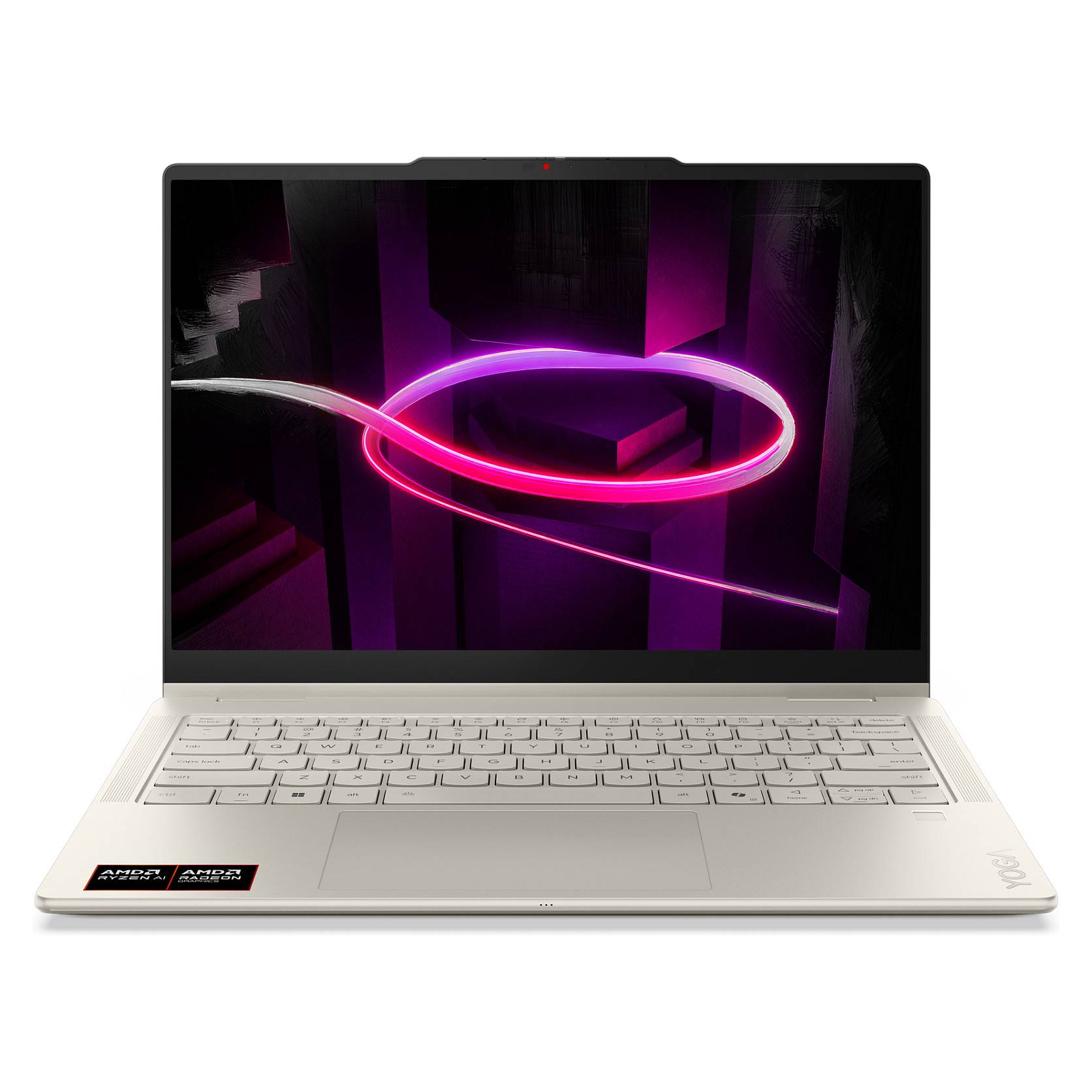 Silberner Laptop mit neonrosa und violettem abstrakten Wirbelmuster auf dem Bildschirm, frontal auf weißem Hintergrund dargestellt.