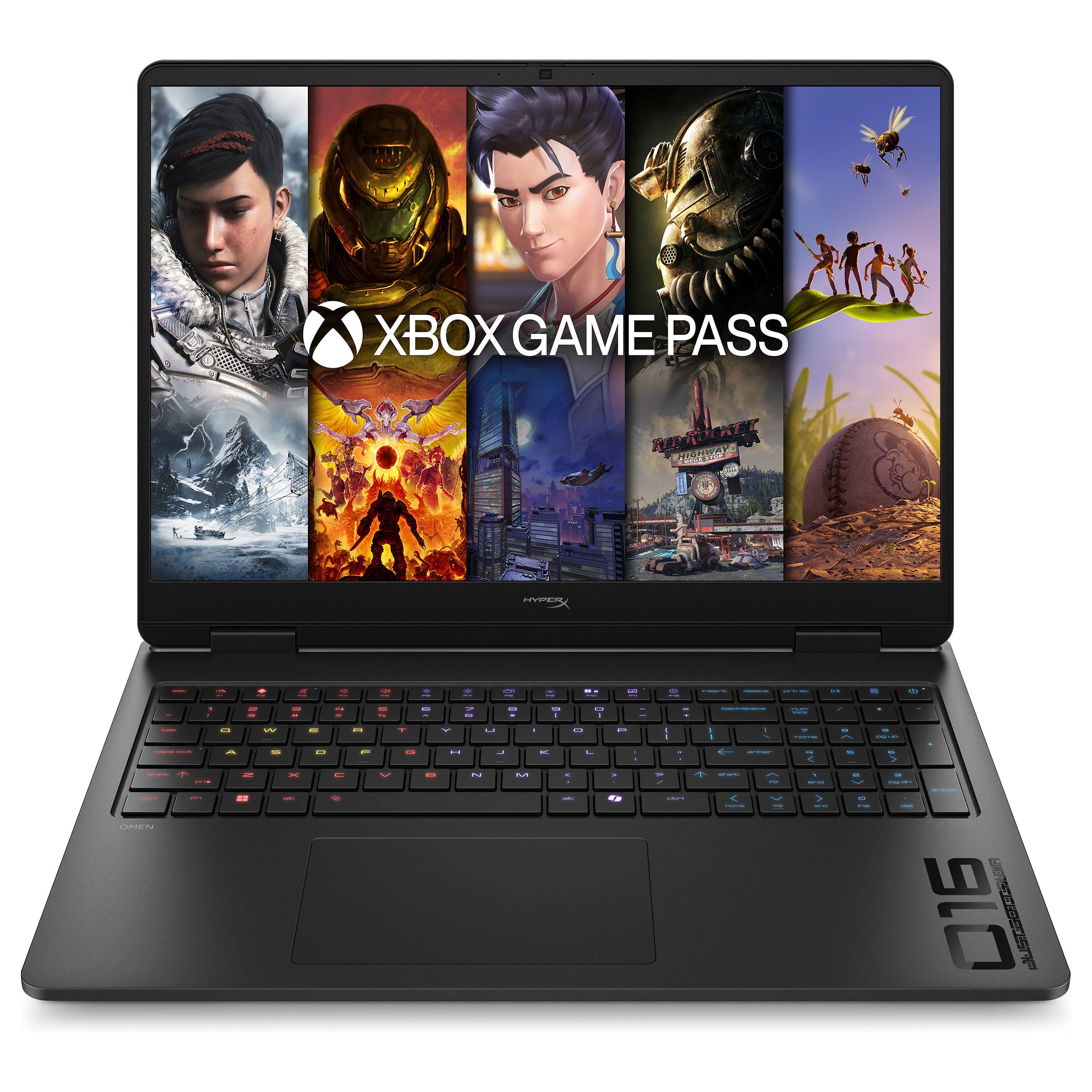 Schwarzer Laptop mit geöffnetem Bildschirm, der eine Xbox Game Pass-Spielkollektion anzeigt, mit beleuchteter Tastatur und großem sichtbarem Touchpad.