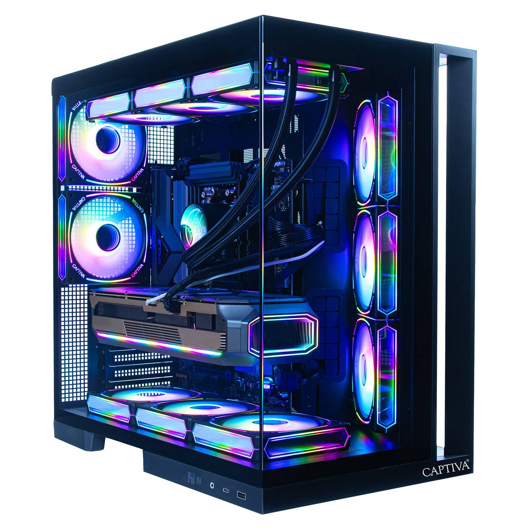 Ein transparentes PC-Gehäuse mit RGB-beleuchteten Lüftern, Flüssigkeitskühlungsschläuchen und einer Grafikkarte, dargestellt als High-Performance-Gaming-Computer-Build.