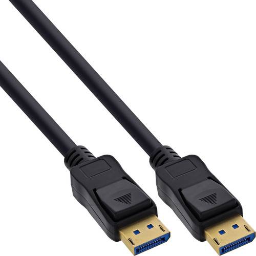 Zwei schwarze DisplayPort-Kabel mit vergoldeten Steckern nebeneinander auf weißem Hintergrund gezeigt.