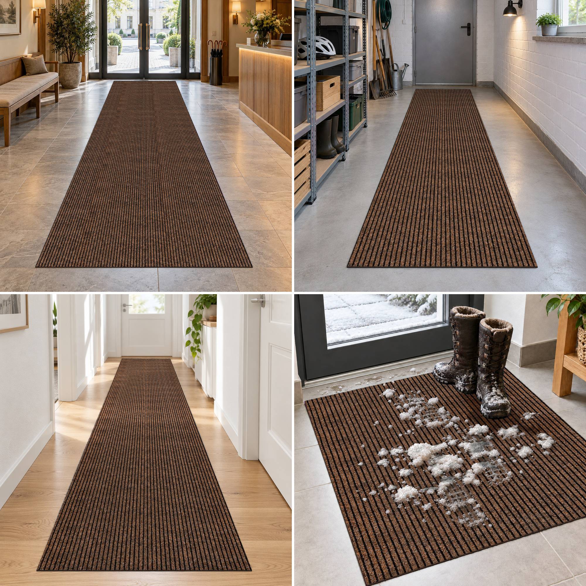 Collage zeigt einen braunen Läufer-Teppich in Fluren und Eingangsbereichen; ein Panel zeigt Stiefel auf dem Teppich mit eingeschneitem Schmutz, das die schmutzfangende Verwendung hervorhebt.