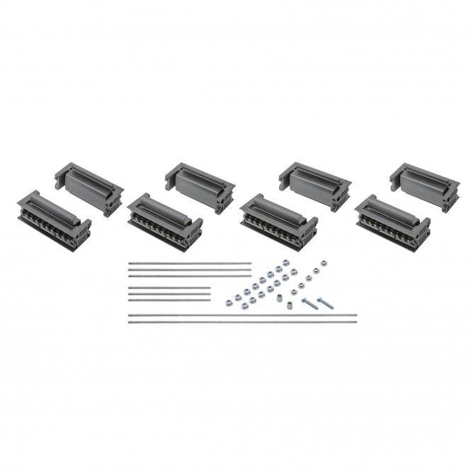 Grauer Hardware-Bausatz mit acht Steckverbinderhülsen, Metallstangen, Muttern und Schrauben auf weißem Hintergrund.