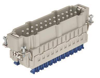 Rechteckiger Mehrpin-Elektrostecker mit beigefarbenem Gehäuse, Metallverriegelungen und blauer Terminalbase, isoliert auf weißem Hintergrund dargestellt.