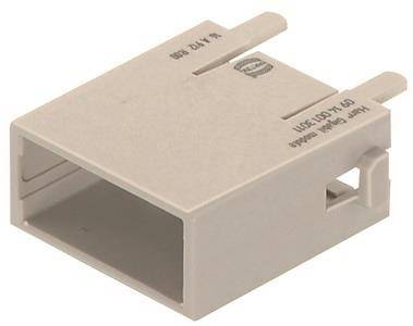Beige rechteckiger Kunststoff-Steckeradapter mit einer hohlen Öffnung und zwei hervorstehenden Laschen oben und an der Seite.