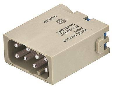 Beigefarbener rechteckiger elektrischer Steckeradapter mit mehreren Metallstiftkontakten und blauen Verriegelungszungen auf weißem Hintergrund.