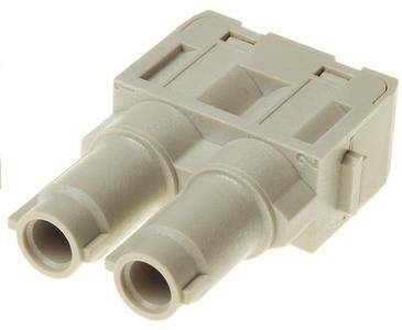 Beige Kunststoff-Doppelstrom-Verbindungsstecker mit zwei runden Buchsen, dargestellt auf weißem Hintergrund.