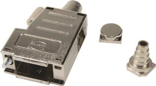 D-Sub-Steckverbinder mit Metallhaube, Kabelklemmkappe und separater Kabelverschraubung auf weißem Hintergrund.