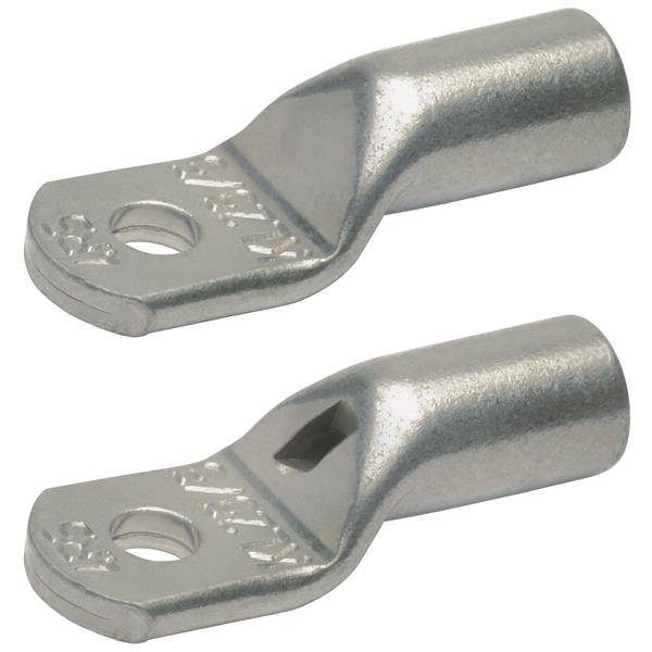 Zwei Silbermetall-Ringterminals mit zylindrischen Kabelpresshülsen, dargestellt auf weißem Hintergrund, eines mit geschlossenem Barrel und eines mit Inspektionsfenster.