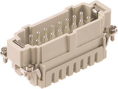 Rechteckiger grauer Mehrpol-Elektrostecker mit freiliegenden Metallstiften und seitlichen Befestigungsschrauben.