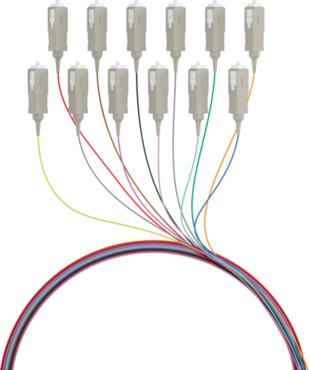 Mehrere Glasfaserkabelstecker, die von einem gebündelten Kabel abzweigen, mit farbcodierten Litzen, die sich zu separaten Steckern ausbreiten.