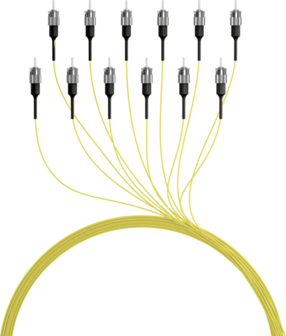 Lichtwellenleiterkabel-Splitter mit mehreren Steckerenden, die sich aus einem einzelnen gelben Bündel fächerförmig ausbreiten.