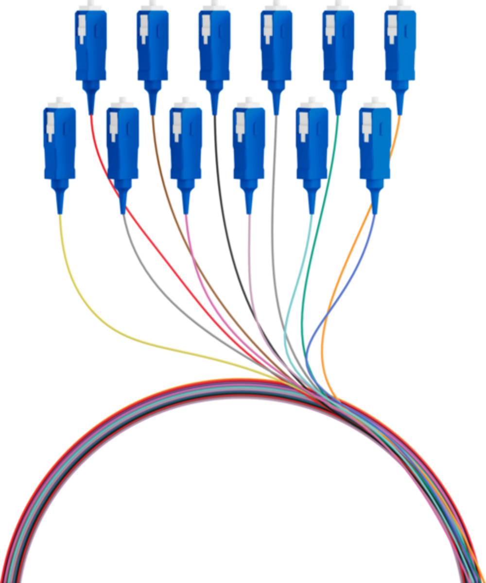 Lichtwellenleiterkabel-Splitter mit 10 blauen Steckerenden, die sich von einer einzelnen gebündelten Kabelschleife verzweigen.
