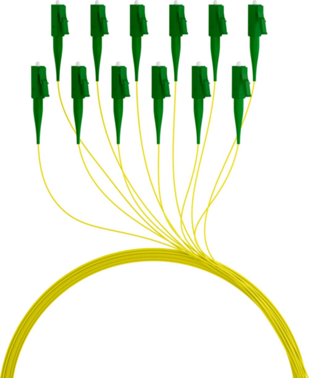 Gelbes Glasfaserkabel-Splitter mit mehreren grünen Steckerenden, die sich aus einer gebündelten Leitung auffächern.