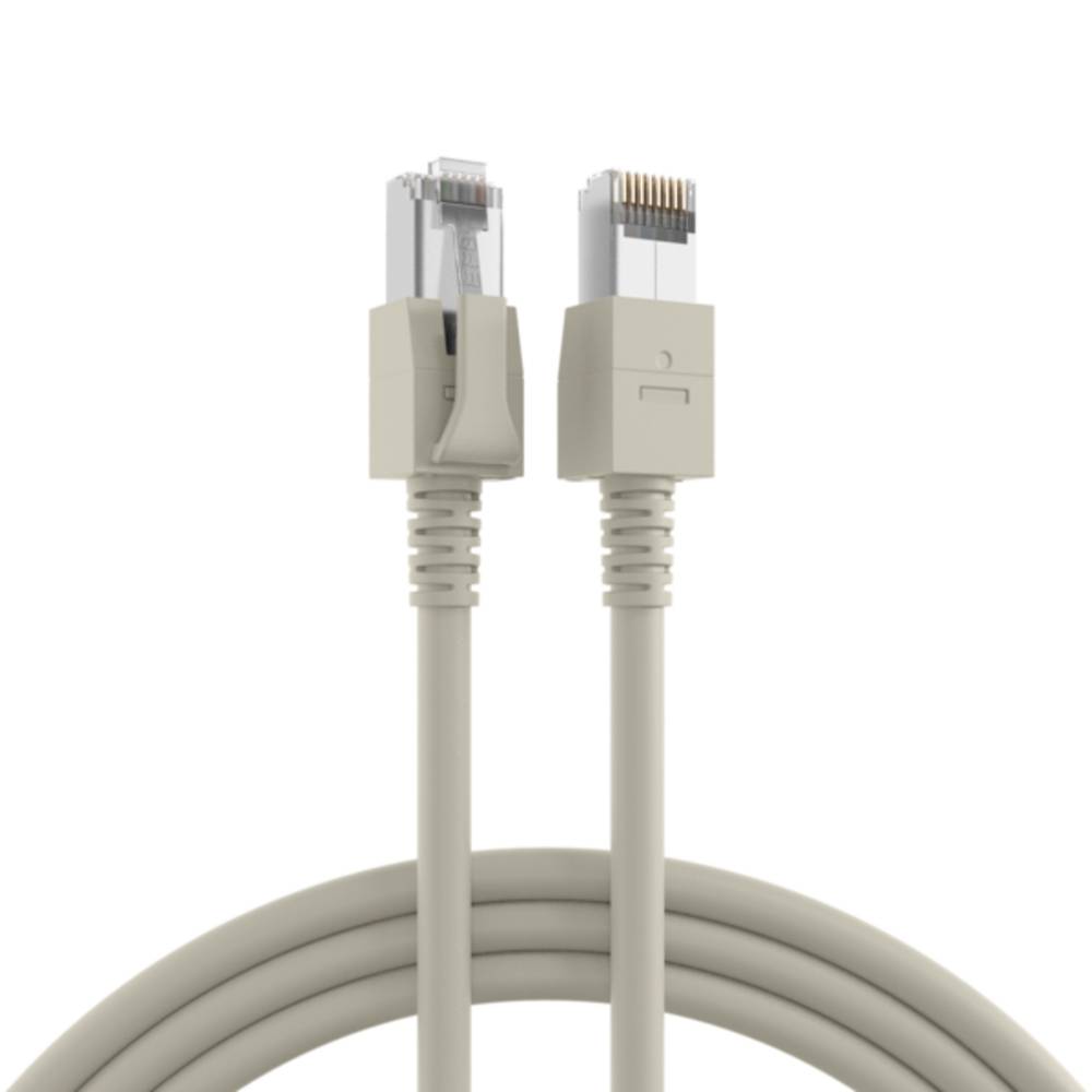 Aufgerolltes beiges Ethernet-Kabel mit zwei RJ45-Steckern aufrecht auf weißem Hintergrund dargestellt.