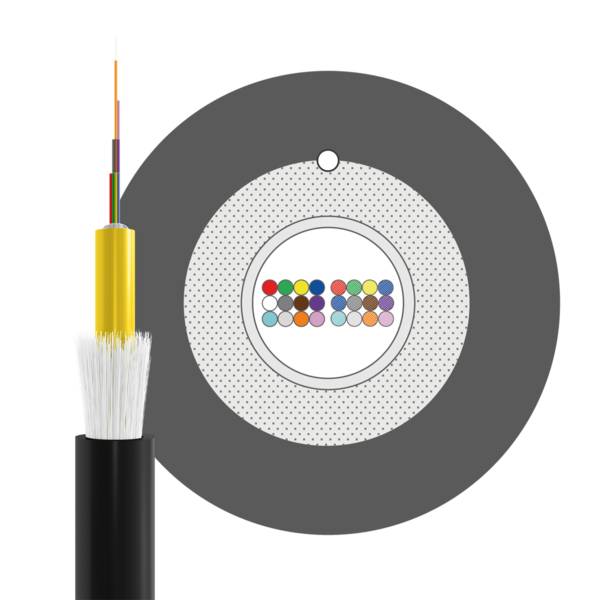 Faseroptisches Kabel im Querschnitt mit farbigen internen Fasern innerhalb konzentrischer Schutzschichten, neben einer aufgeschnittenen Endansicht des Kabels.